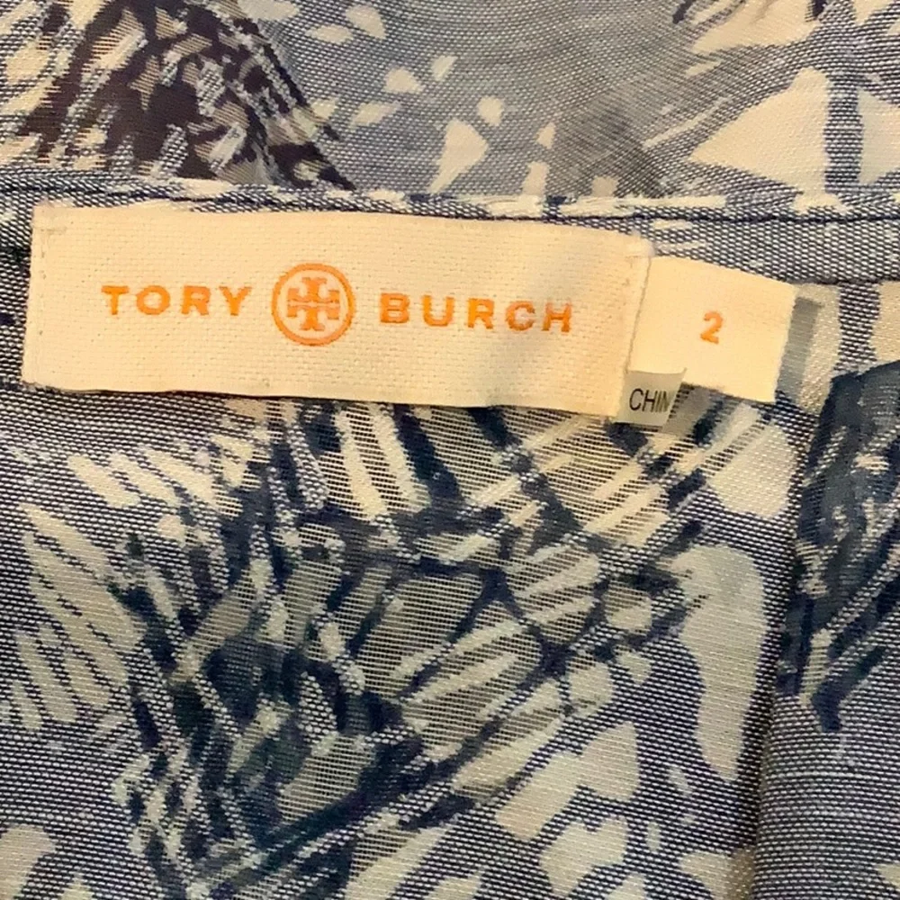 TORY BURCH Blue/Cream Linen Blend Casual Coastal Grandma  Resortwear Fall Top 2